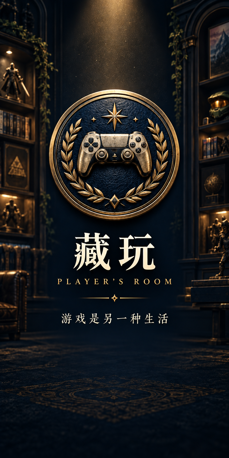 藏玩原生视觉：深蓝收藏室中的金色游戏手柄徽章